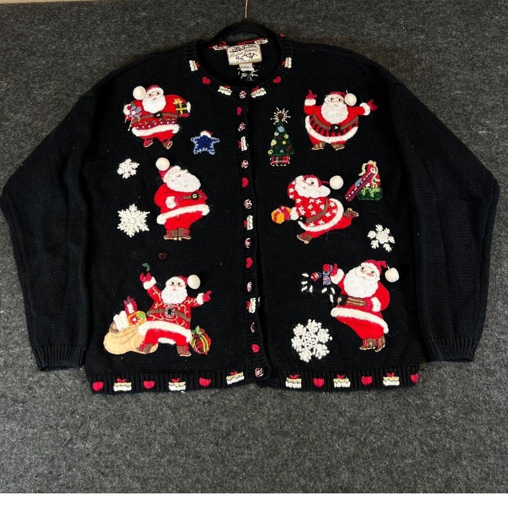 Vintage Heirloom Collectibles Christmas Cardigan Womens Black Large Novelty Xmas